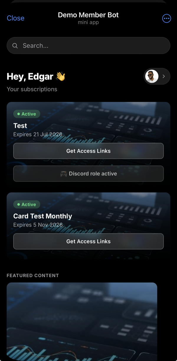 Mini App — a member's active subscriptions with access links and Discord role status.