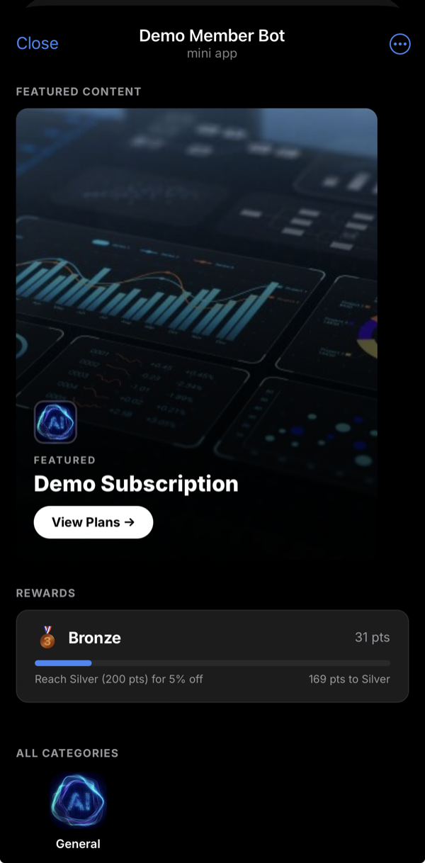 Mini App — featured content and loyalty reward tiers.